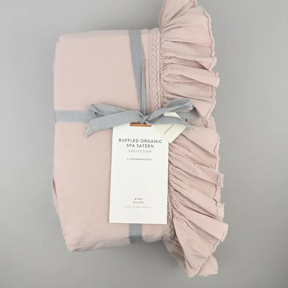 Anthropologie Ruffled Organic Spa Sateen Duvet Cover KING Peach Pink Bedding New
